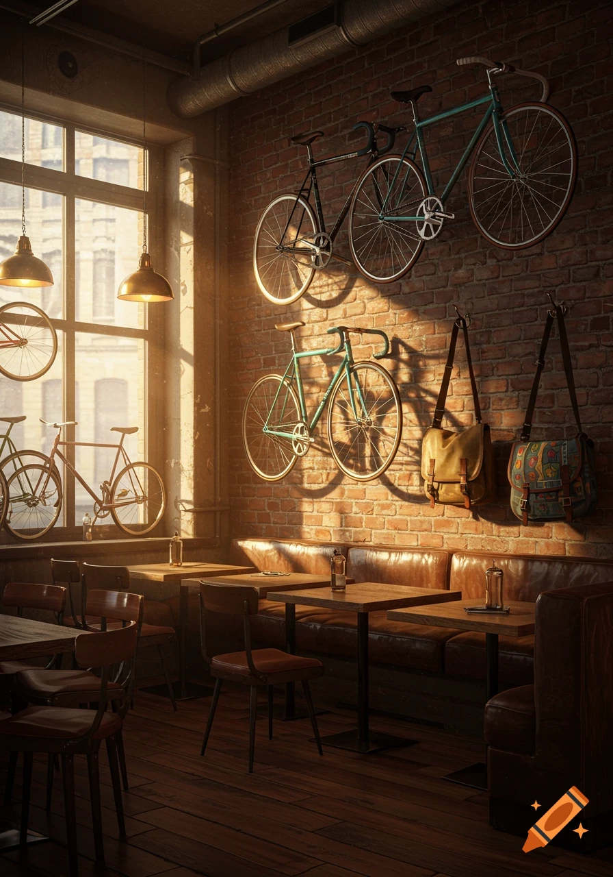 A sunlit cafe interior with brick walls, wooden floors, and tables, decorated with hung bicycles and messenger bags.