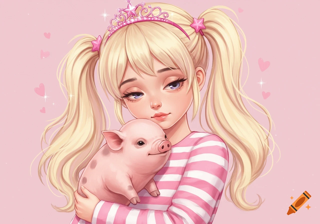 A blonde anime girl with pigtails and a pink tiara holds a cute pig in a pink striped shirt.