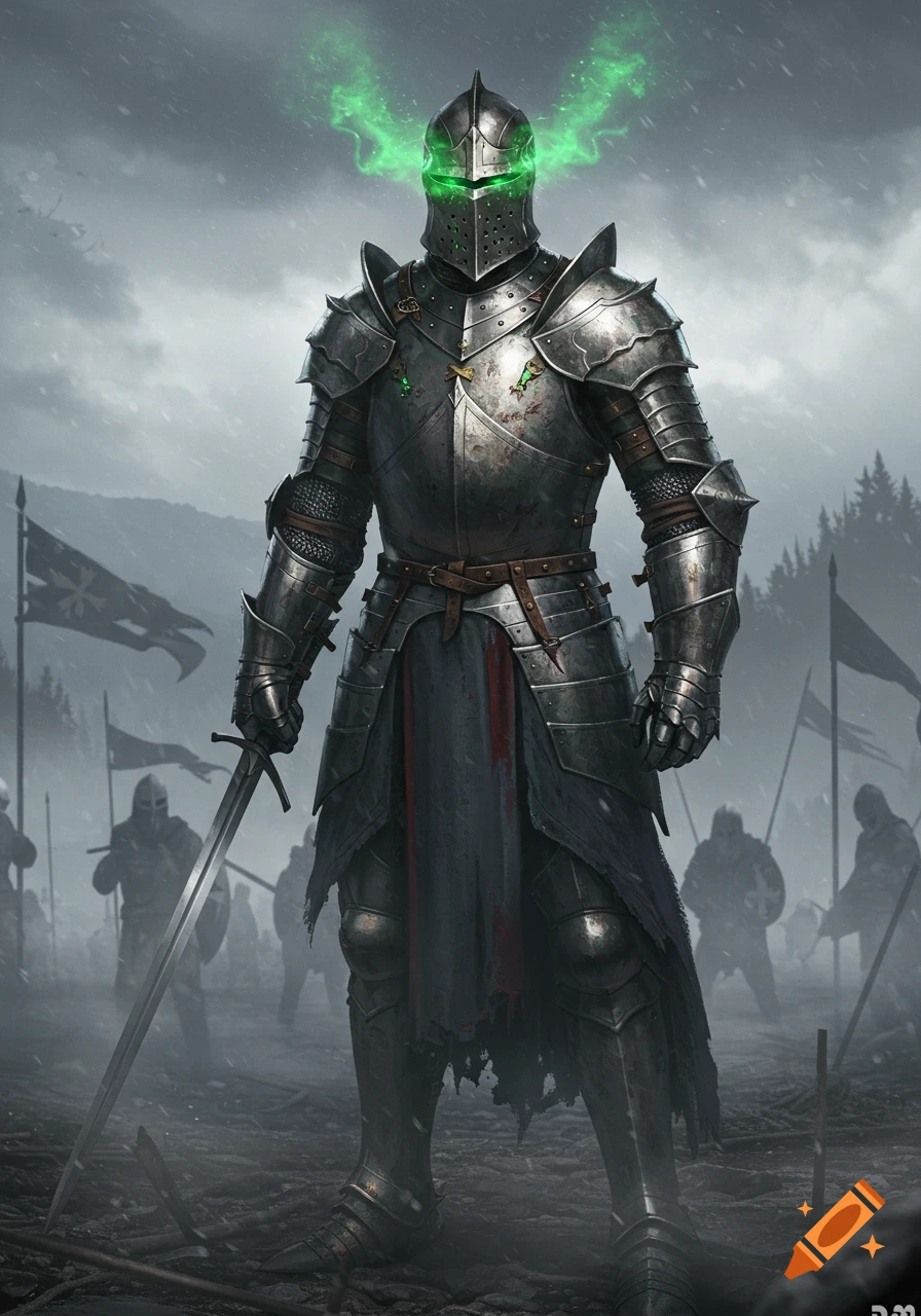 A fearsome knight in gleaming armor stands on a foggy battlefield, his helmet glowing with green eyes.