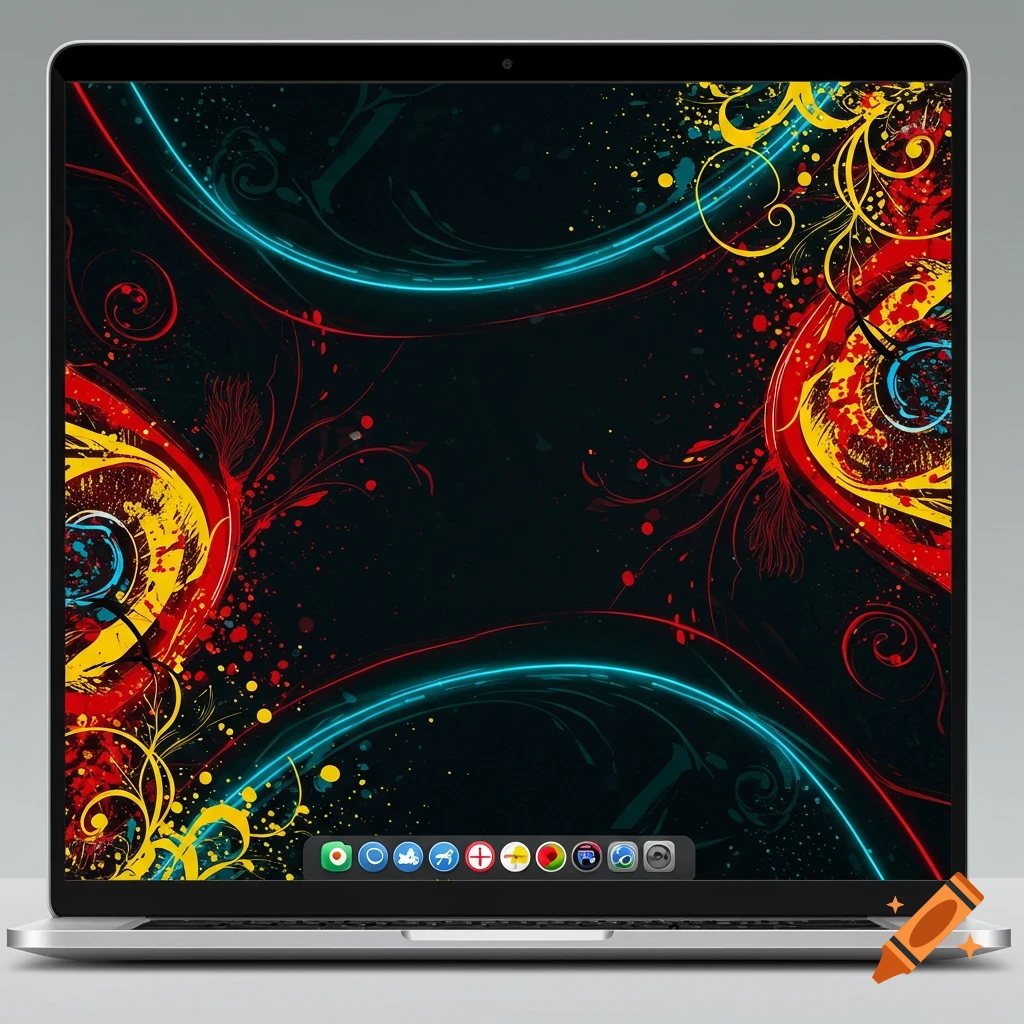 A silver MacBook displays a vibrant abstract wallpaper with red, yellow, and blue swirling lines and paint splatters.