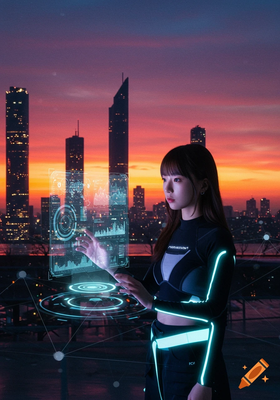 A woman in a black and teal futuristic outfit interacts with a glowing holographic display against a city skyline at sunset.