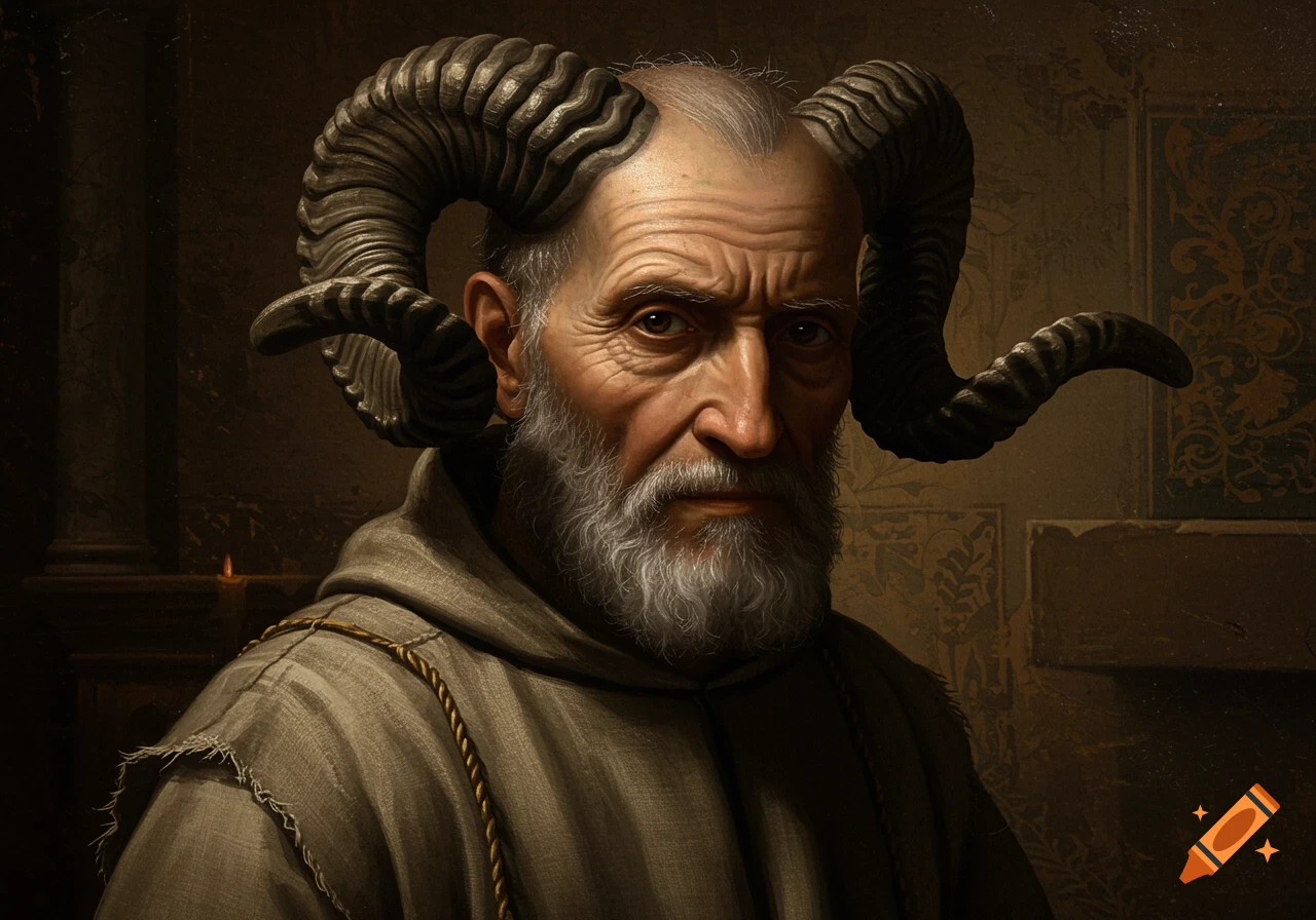 Chiaroscuro portrait of an old man with a white beard and ram's horns, wearing a monk's robe.