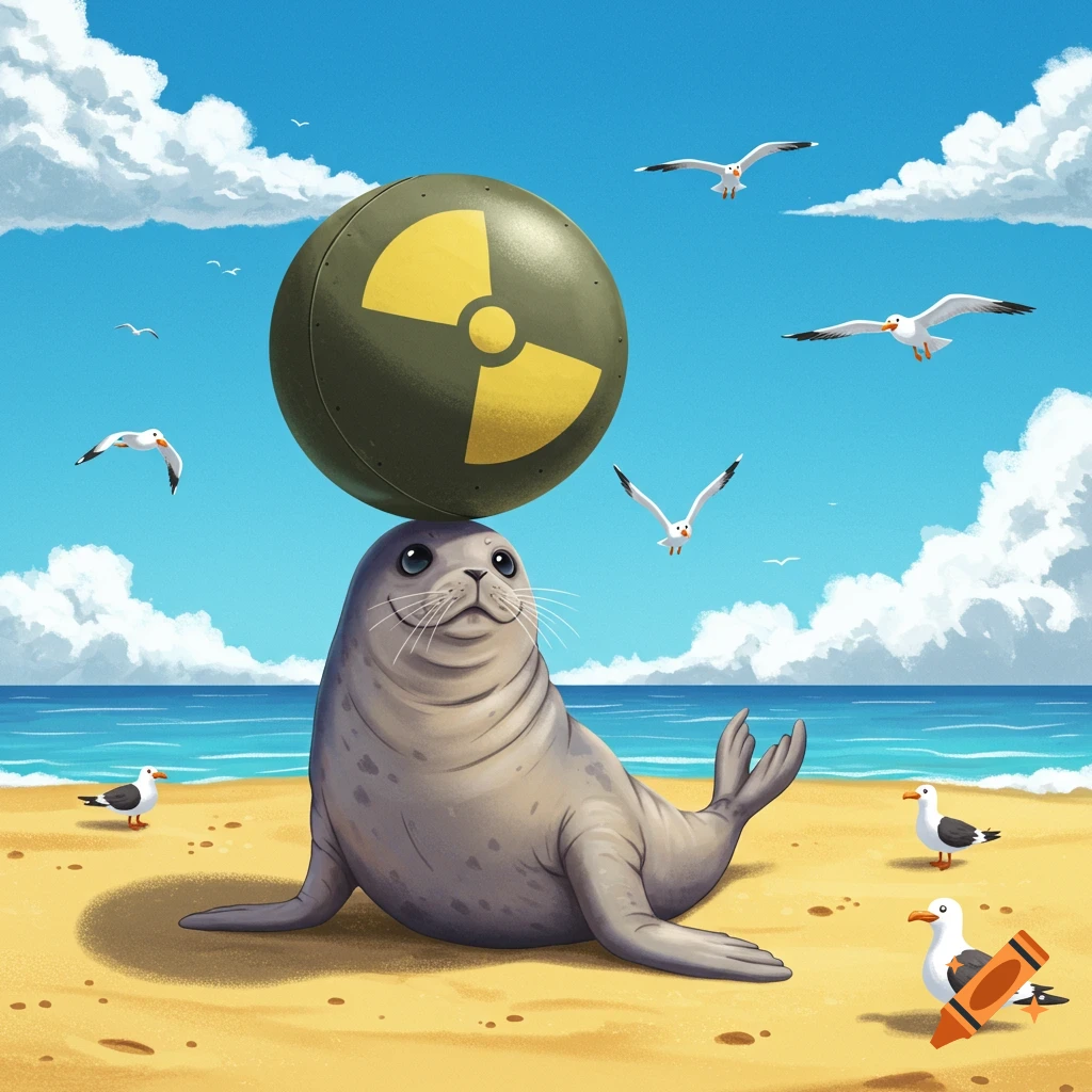 A cartoon seal balances a nuclear bomb on its head on a sunny beach with seagulls.
