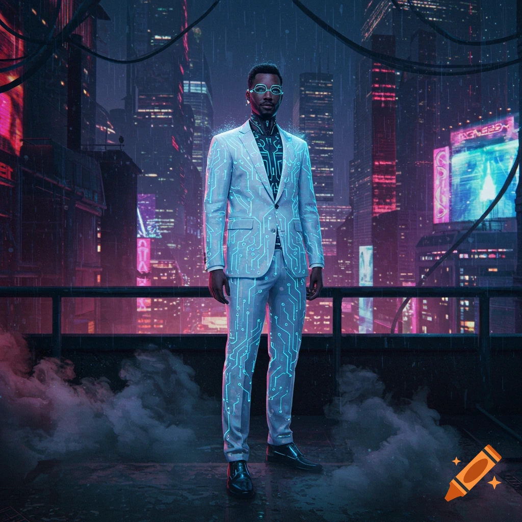 A man in a glowing circuit-patterned white suit stands on a rainy rooftop overlooking a neon-lit cyberpunk city.