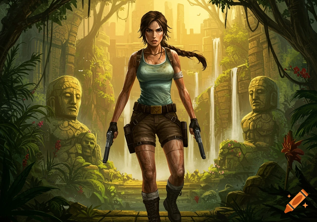 Lara Croft stands in ancient jungle ruins with waterfalls and stone statues, holding two pistols in a vibrant illustrated style.
