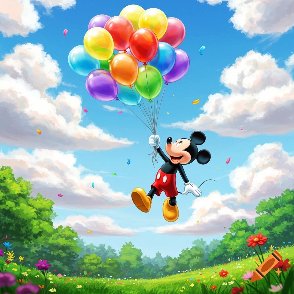 Mickey Mouse floats in a blue sky holding colorful balloons over a green landscape with trees and flowers in a cartoon style.
