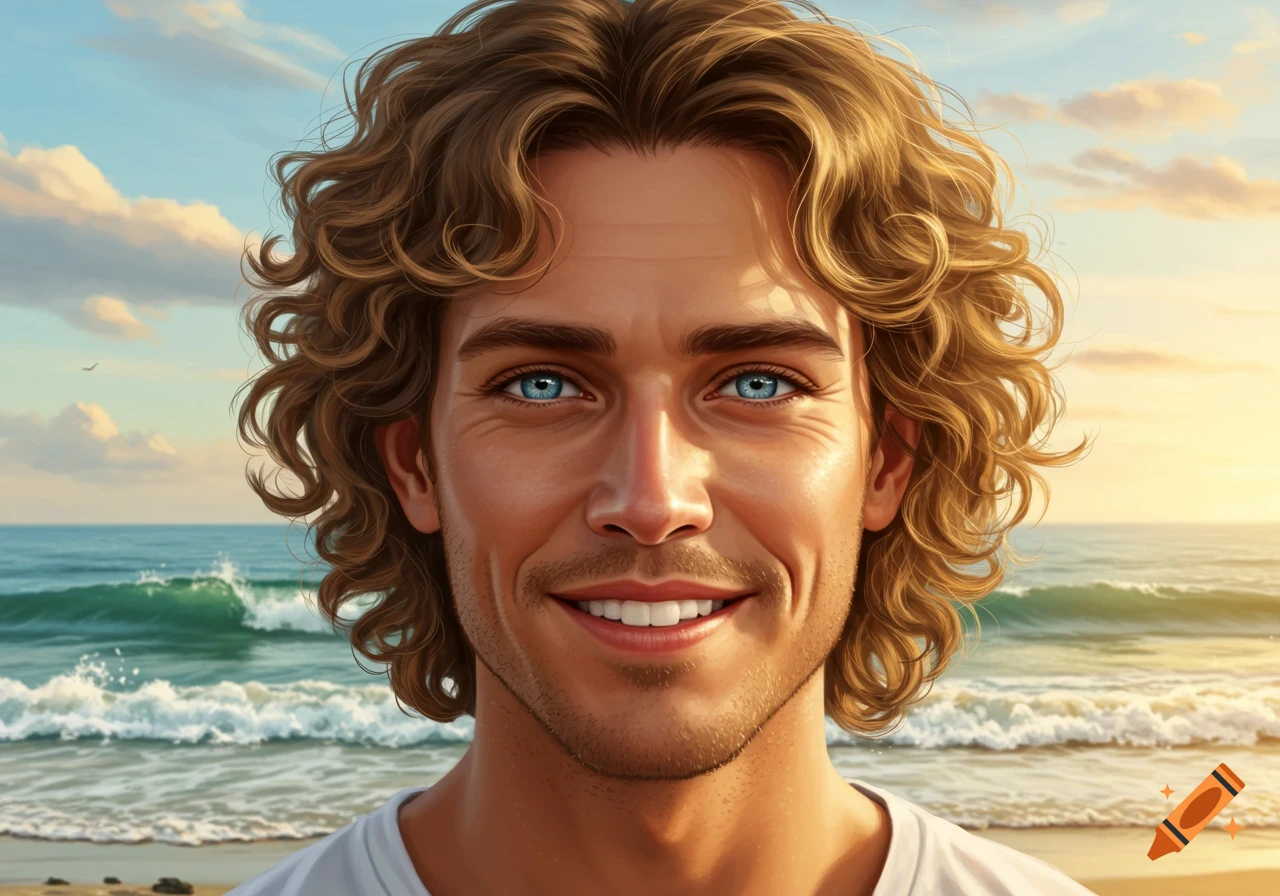 Close-up portrait of a smiling man with curly brown hair and blue eyes, standing on a beach with the ocean behind him.