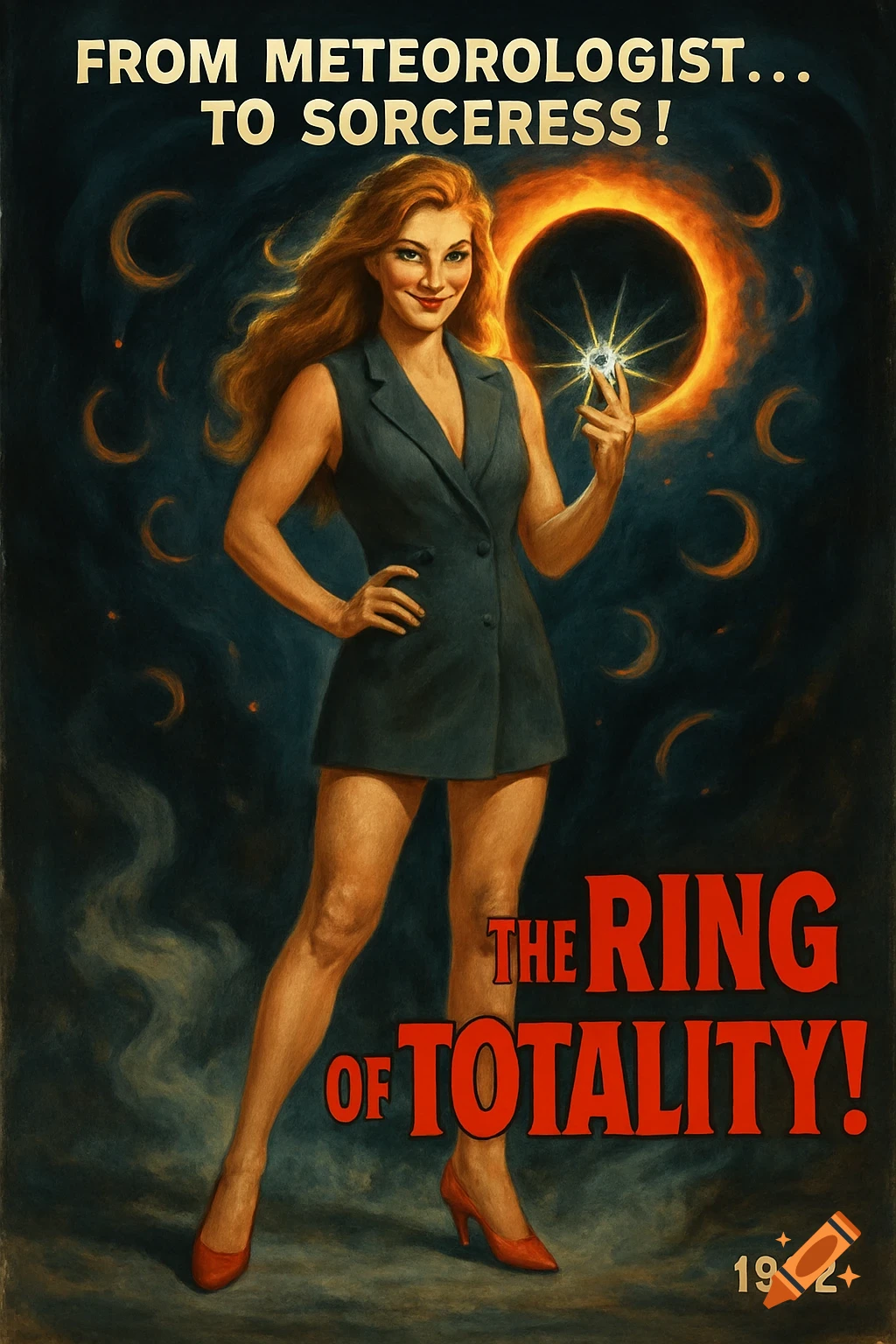 Vintage horror movie poster for 'The Ring of Totality' featuring a sorceress holding a glowing orb against a solar eclipse.
