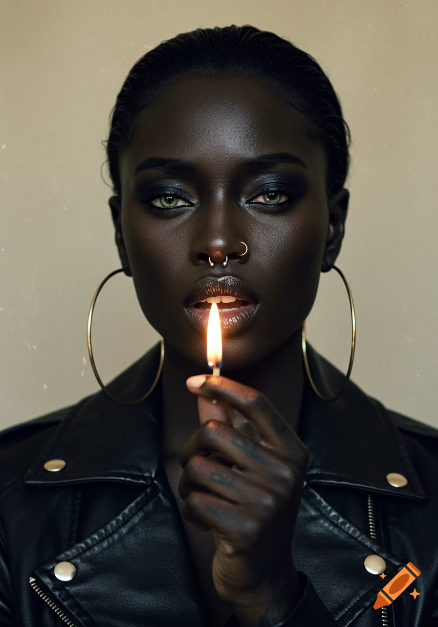 Photorealistic portrait of a dark-skinned woman with green eyes, a leather jacket, gold hoops, and nose piercings, holding a lit match.