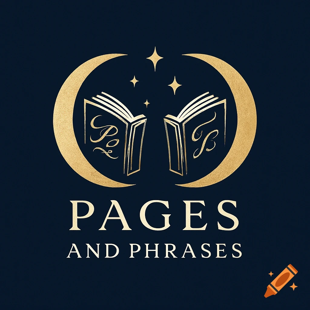 Gold and dark blue logo with a crescent moon, two open books, and stars. Below, text reads 'PAGES AND PHRASES'.