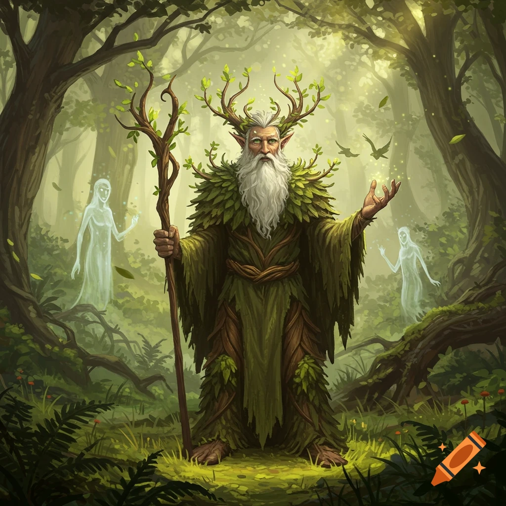 A wise, tree-like druid with a long white beard and antlers stands in an enchanted forest, holding a staff and extending a hand towards two ethereal figures.