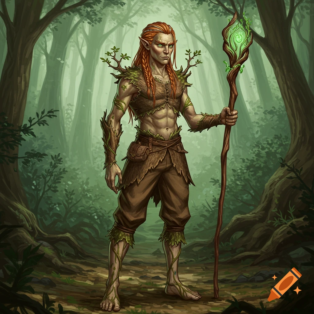Fantasy illustration of a male elf with red braided hair, green eyes, and bark armor, holding a glowing staff in a forest.