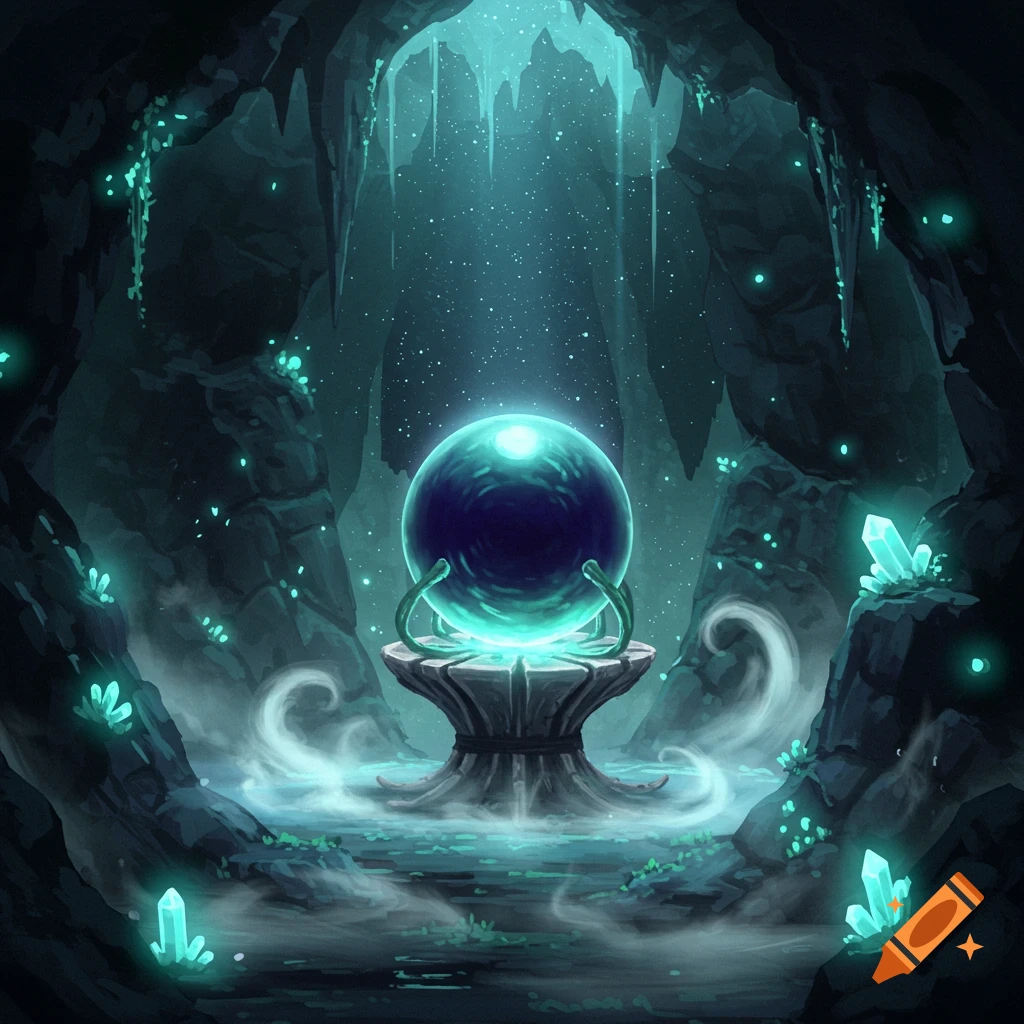 A glowing blue orb on a stone pedestal in a mystical dark cave with sparkling crystals and mist.