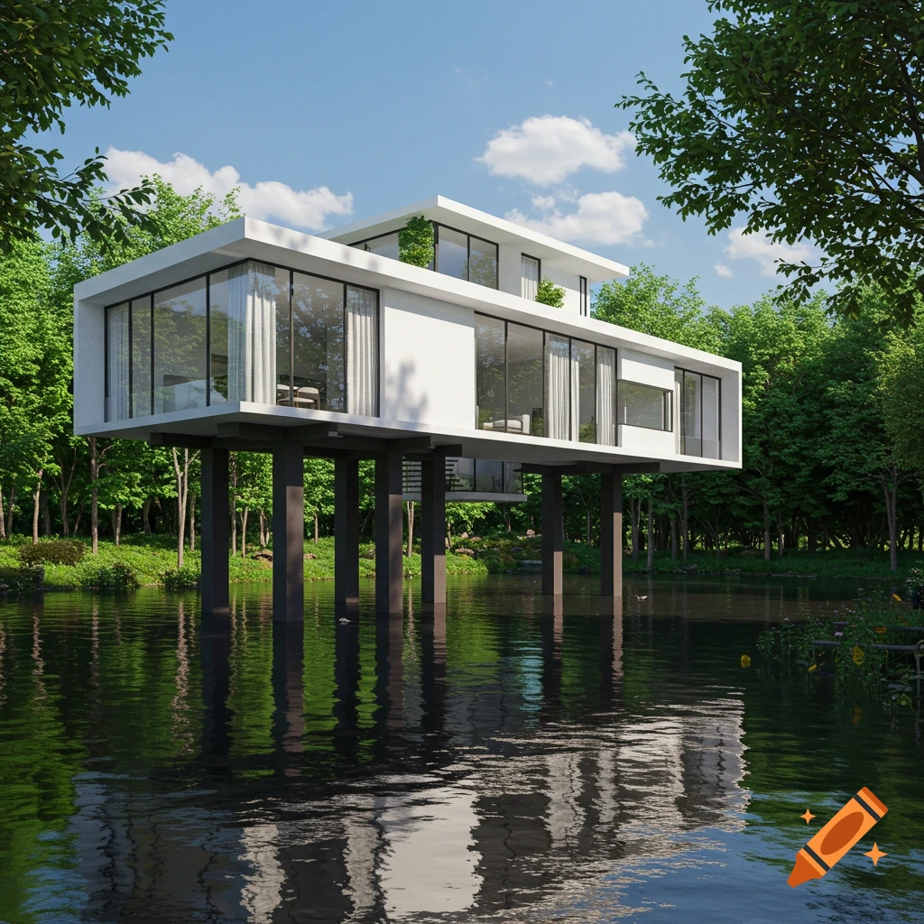 A modern, white house stands on dark piers above a body of water, surrounded by lush green trees under a blue sky.