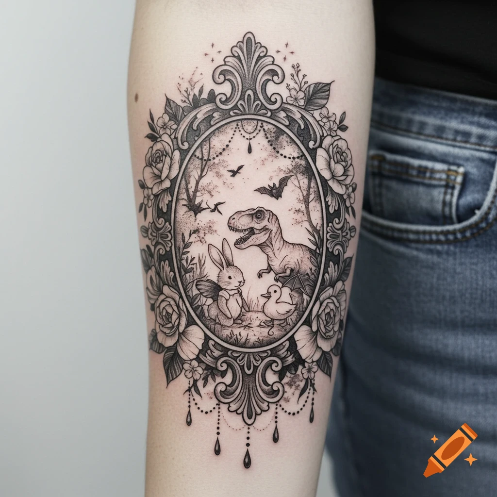 Black and grey tattoo of a dinosaur, bunny, duckling, and bats within an ornate, floral oval frame on an arm.