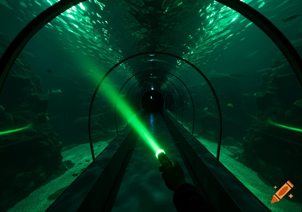 First-person view inside a dark, green-lit aquarium tunnel with a hand holding a glowing green flashlight. Photorealistic.