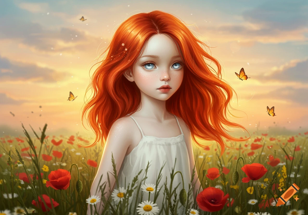 Stylized illustration of a pale, red-haired girl in a poppy and daisy field at sunset with butterflies.