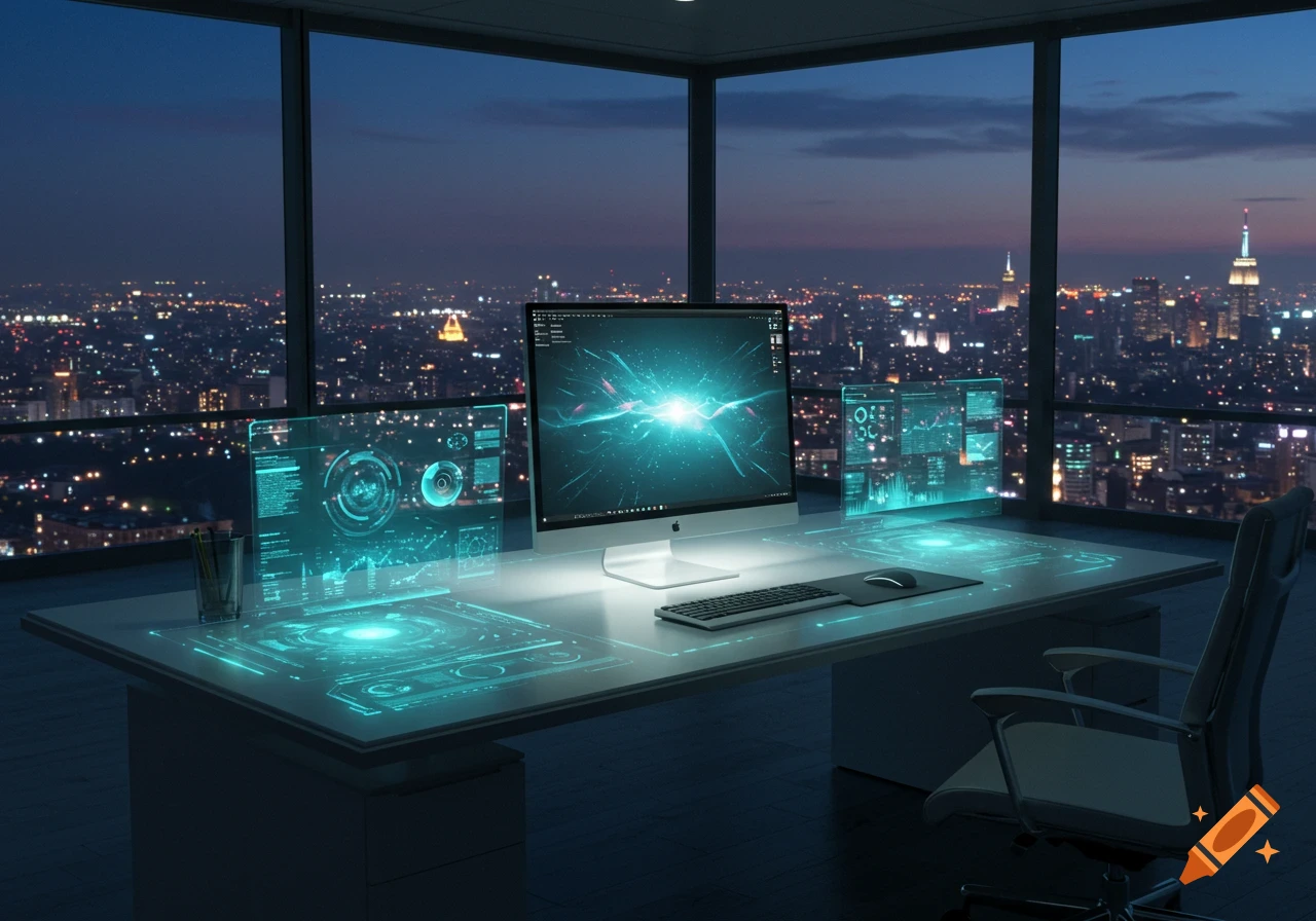 A futuristic office desk with glowing holographic displays and a large computer monitor, overlooking a nighttime city skyline.