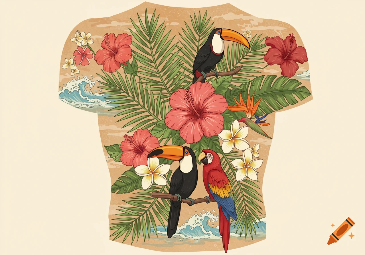 A colorful tropical tattoo design on a stylized torso featuring toucans, a macaw, hibiscus flowers, and palm leaves.