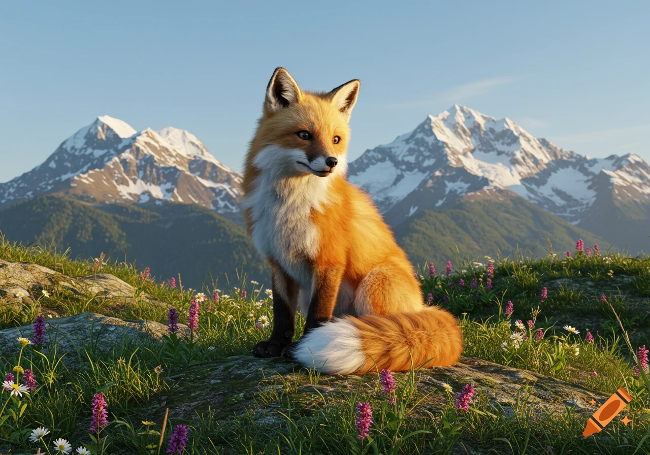 A realistic red fox sits on a grassy hill filled with wildflowers, with snow-capped mountains in the background under a blue sky.