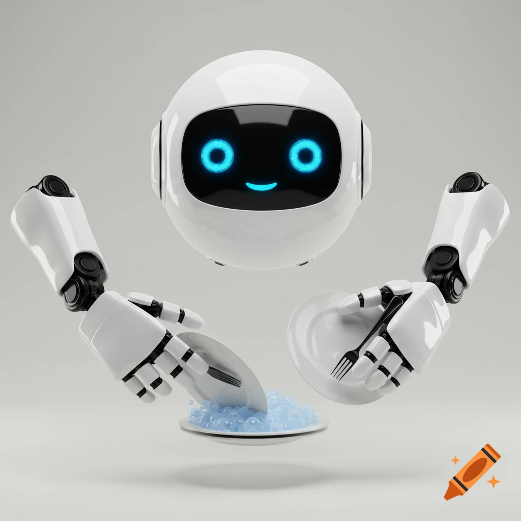 A white orb robot with glowing blue eyes and two detached robotic hands washing dishes, in a high-detail 3D render style.