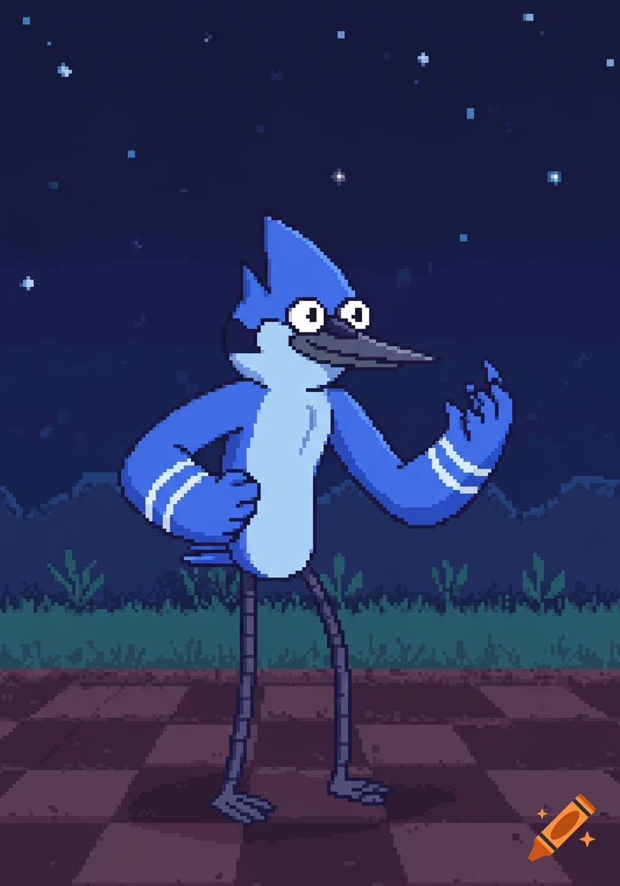 Pixel art of Mordecai from Regular Show, a blue jay character, standing on a checkered ground under a starry night sky.