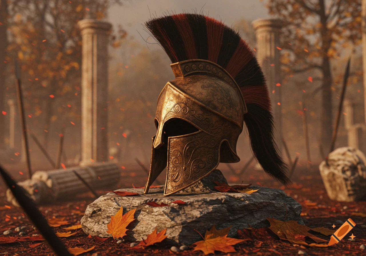 A photorealistic bronze Spartan helmet with a red and black plume rests on a rock among autumn leaves, spears, and broken columns in a forest.