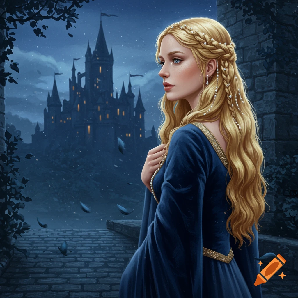 A blonde woman in a blue medieval gown stands before a dark castle in a mystical, snow-dusted landscape.