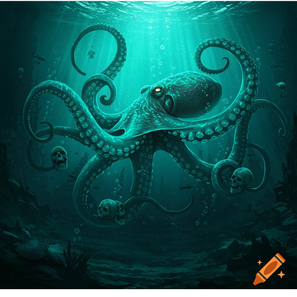 A teal octopus with glowing eyes clutches human skulls in its tentacles, illuminated by light rays in a dark deep-sea environment.