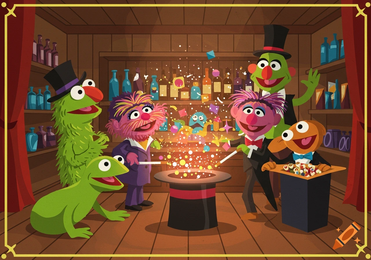 A group of colorful Muppet-like characters performing magic tricks with a top hat in a dimly lit, wooden magic store, cartoon illustration.