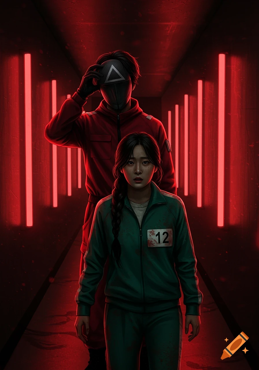 A female Squid Game contestant in a green tracksuit with number 12, looking fearful in a red-lit corridor, with a masked soldier looming behind her.