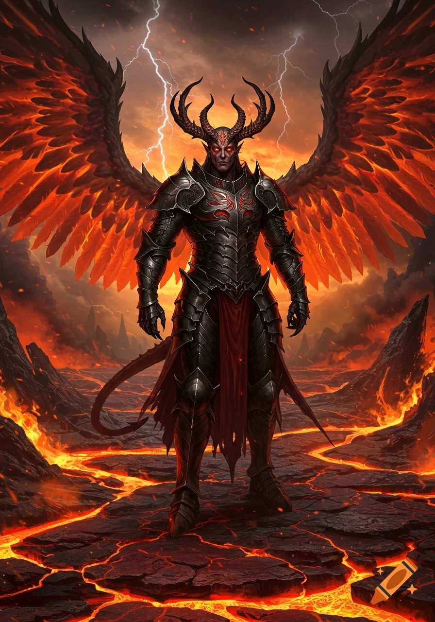 Armored demonic figure with fiery wings, horns, and red eyes standing in a lava-filled hellscape with lightning.
