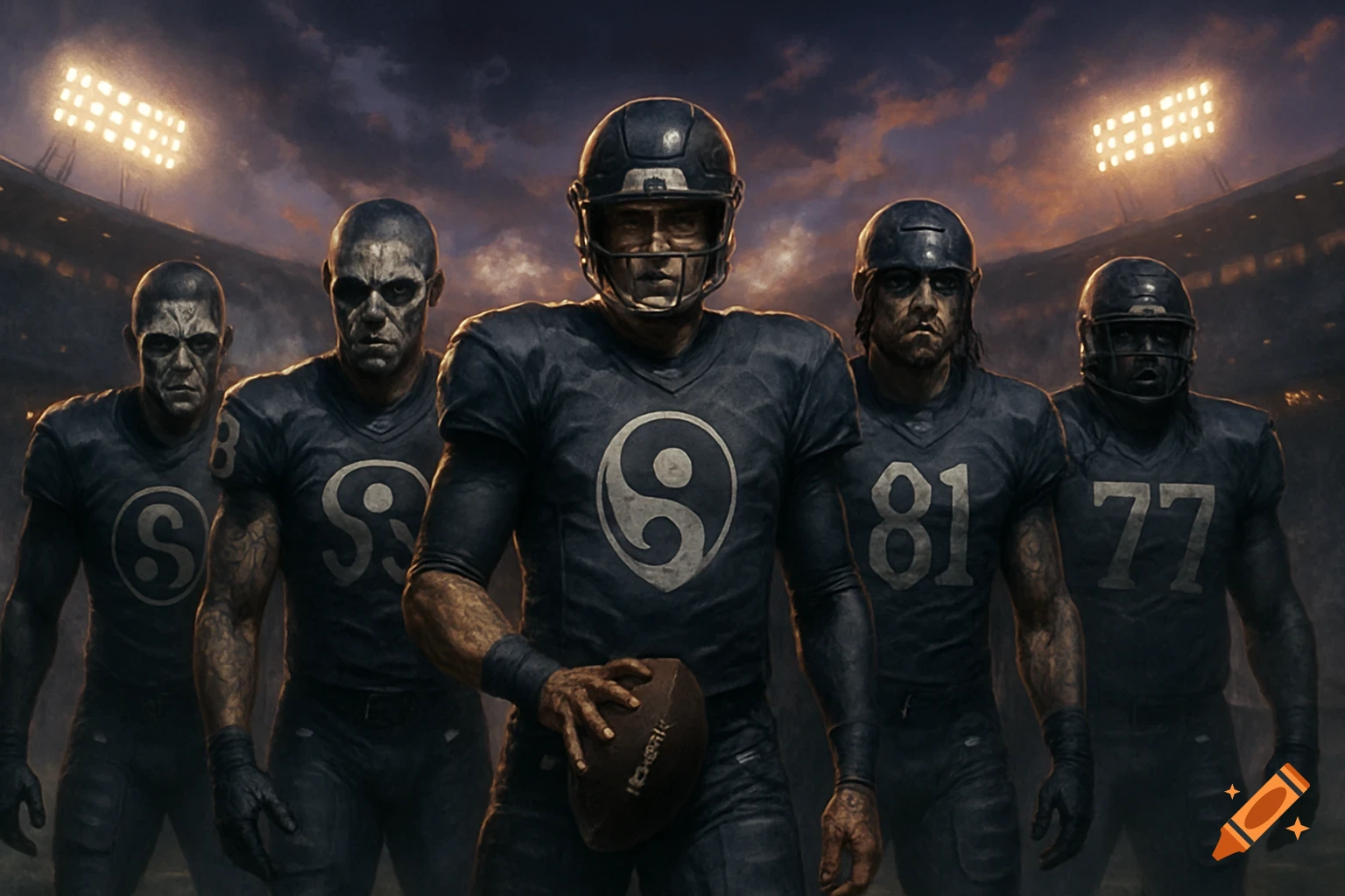 Five dark, intense football players, some with zombie-like faces, stand on a field under stadium lights at dusk.