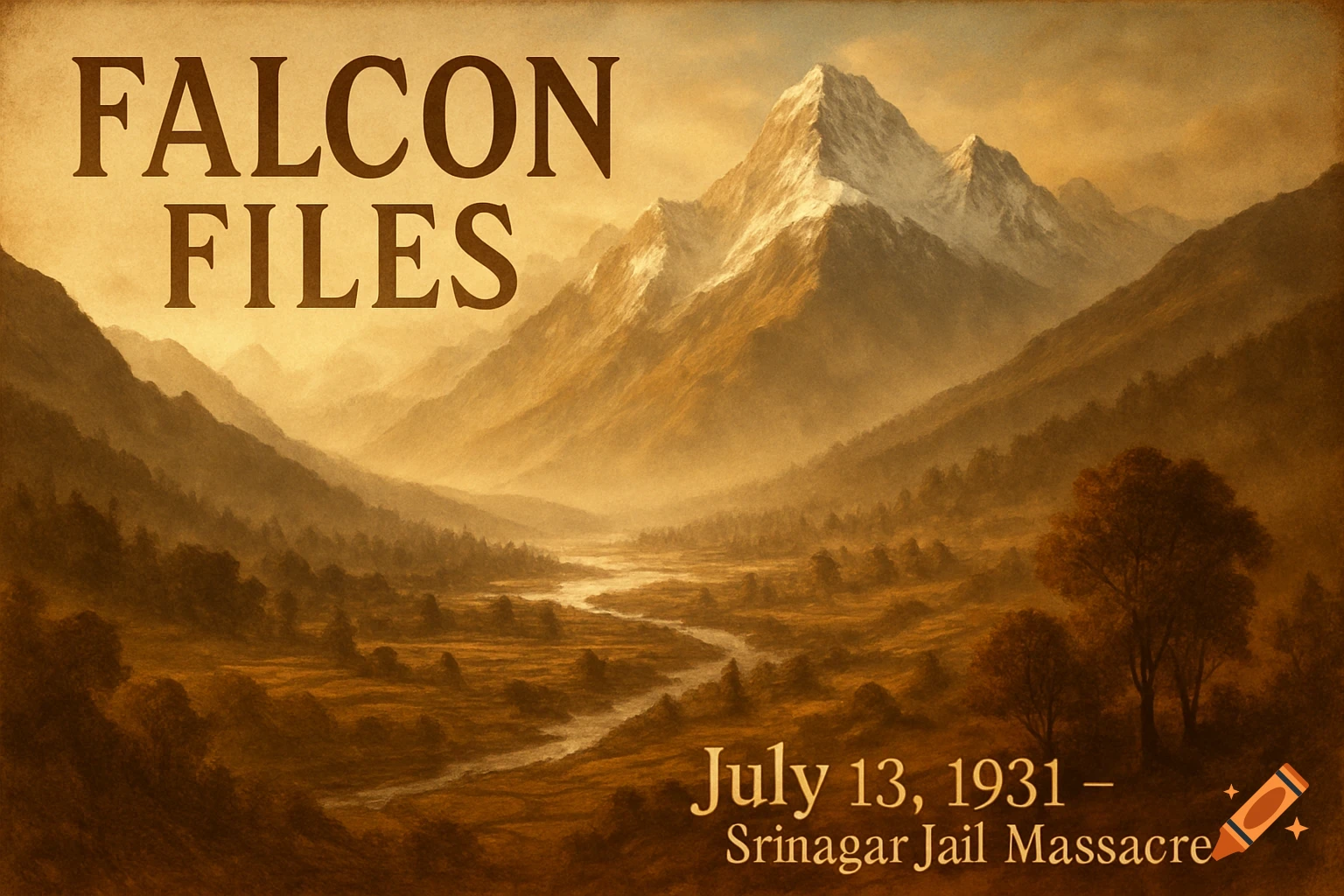 A vintage-style, sepia-toned painting of a mountainous valley with a winding river and hazy sky. Text reads 'FALCON FILES' and 'July 13, 1931 - Srinagar Jail Massacre'.