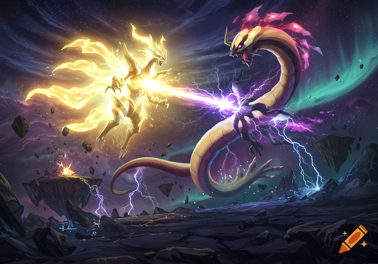 A golden, winged dragon-like creature and a long, serpentine purple and gold creature battle in space, firing beams of energy at each other amidst floating rocks and stars, in a digital painting style.