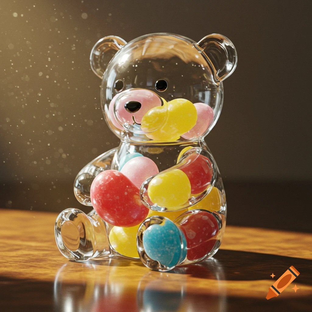 A cute clear glass teddy bear filled with colorful jelly beans sits on a wooden surface, holding a large jelly bean in its paws. Sunlight filters into the frame, illuminating dust motes in the air.