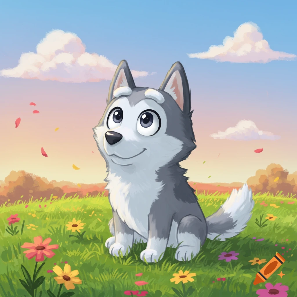 Cute cartoon husky dog sitting in a sunny field of colorful flowers, looking up at the sky.