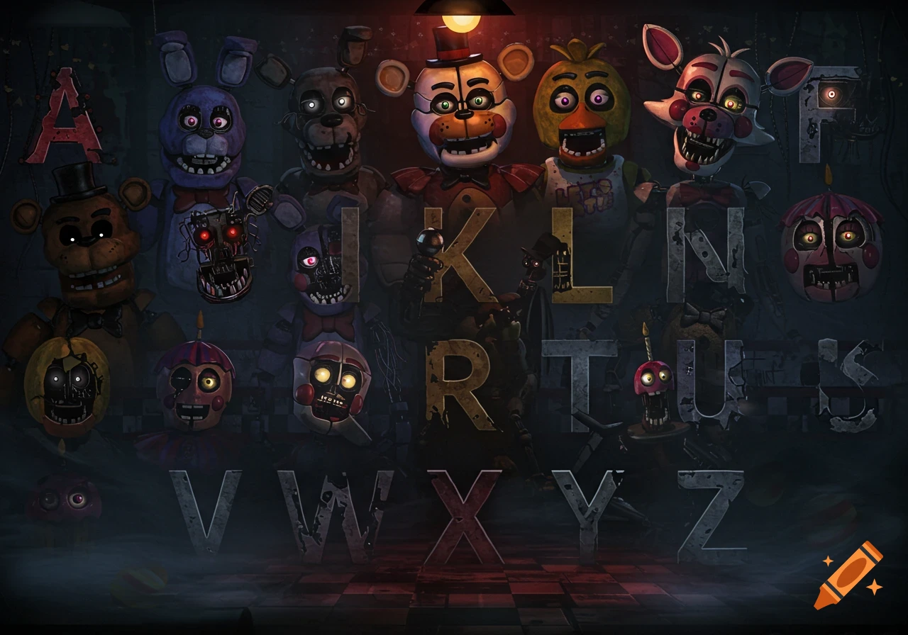 Five Nights at Freddy's animatronic characters on a dark background, surrounding large, distressed alphabet letters A-Z.