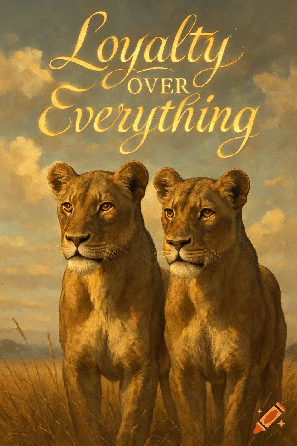 Two lionesses stand in a golden savannah, looking forward. Above them, golden script reads "Loyalty OVER Everything" against a cloudy sky in a painterly style.