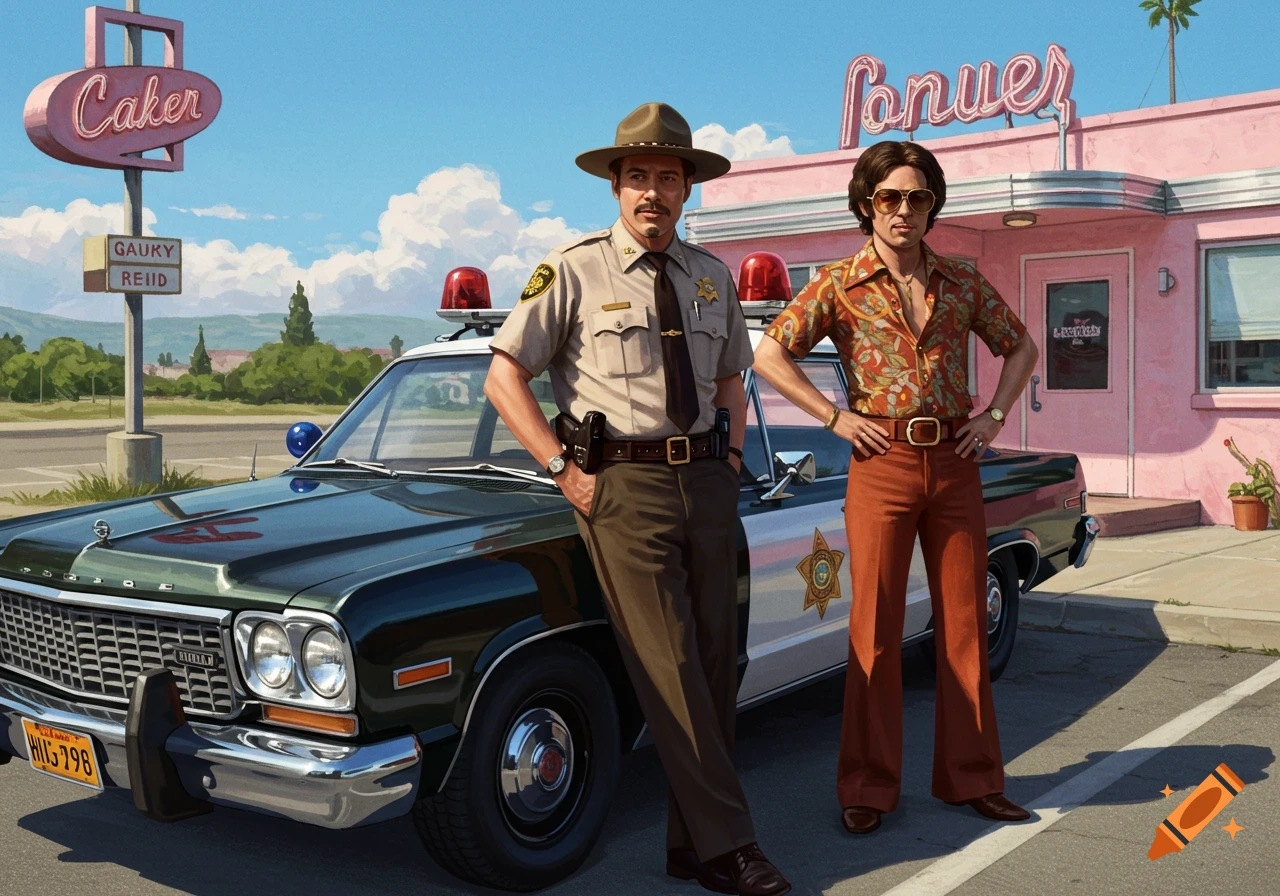 Two men, one in a sheriff's uniform and one in 70s attire, pose by a vintage police car outside a pink diner.