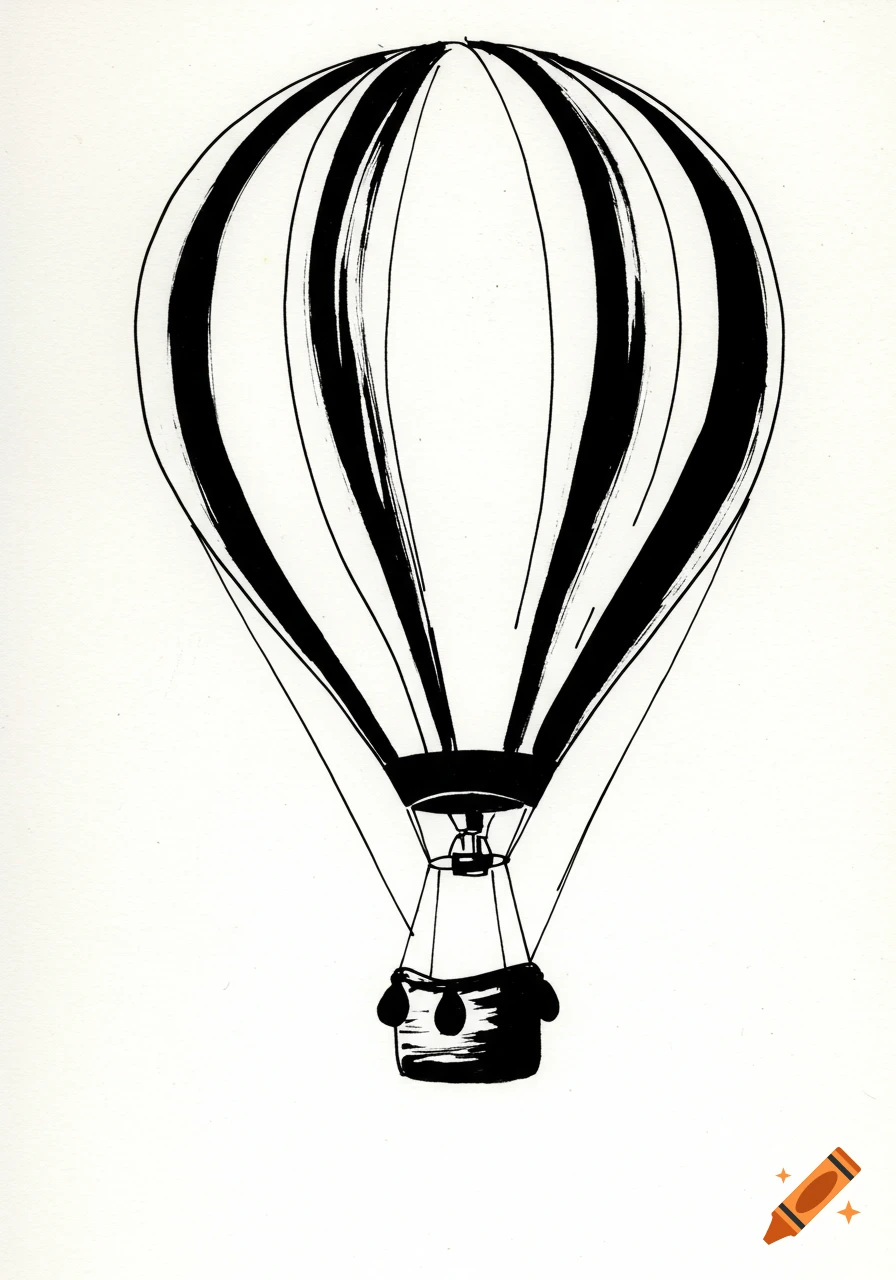 Minimalist black and white ink sketch of a hot air balloon with vertical stripes.