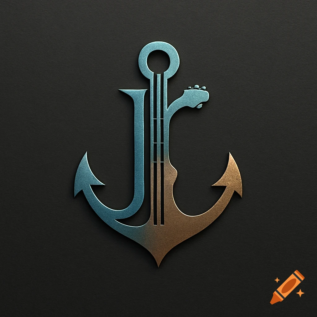 A blue and bronze logo of a boat anchor with a guitar forming the letters JL on a dark background.