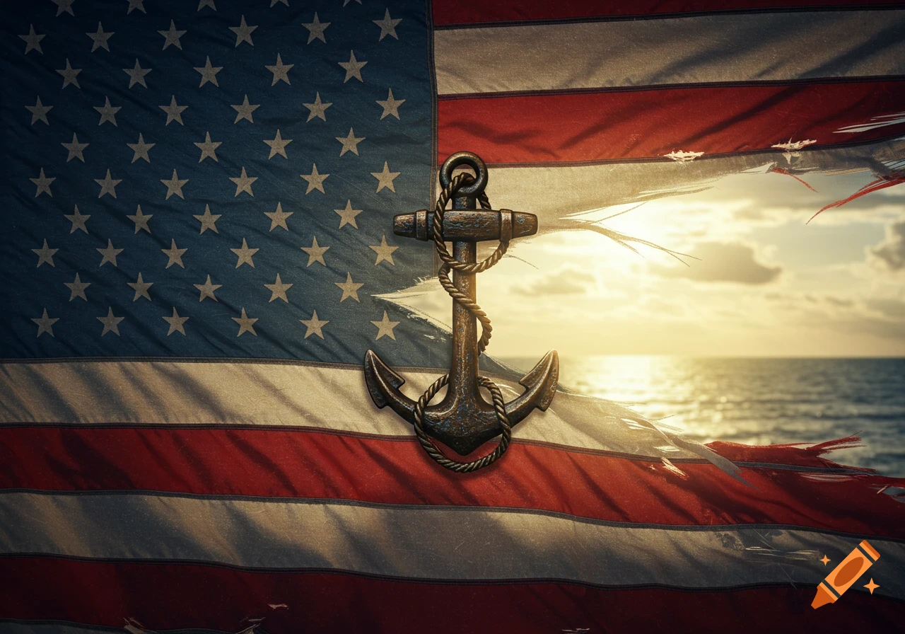 A tattered American flag with a rusted Navy anchor draped over it, set against an ocean sunset background.