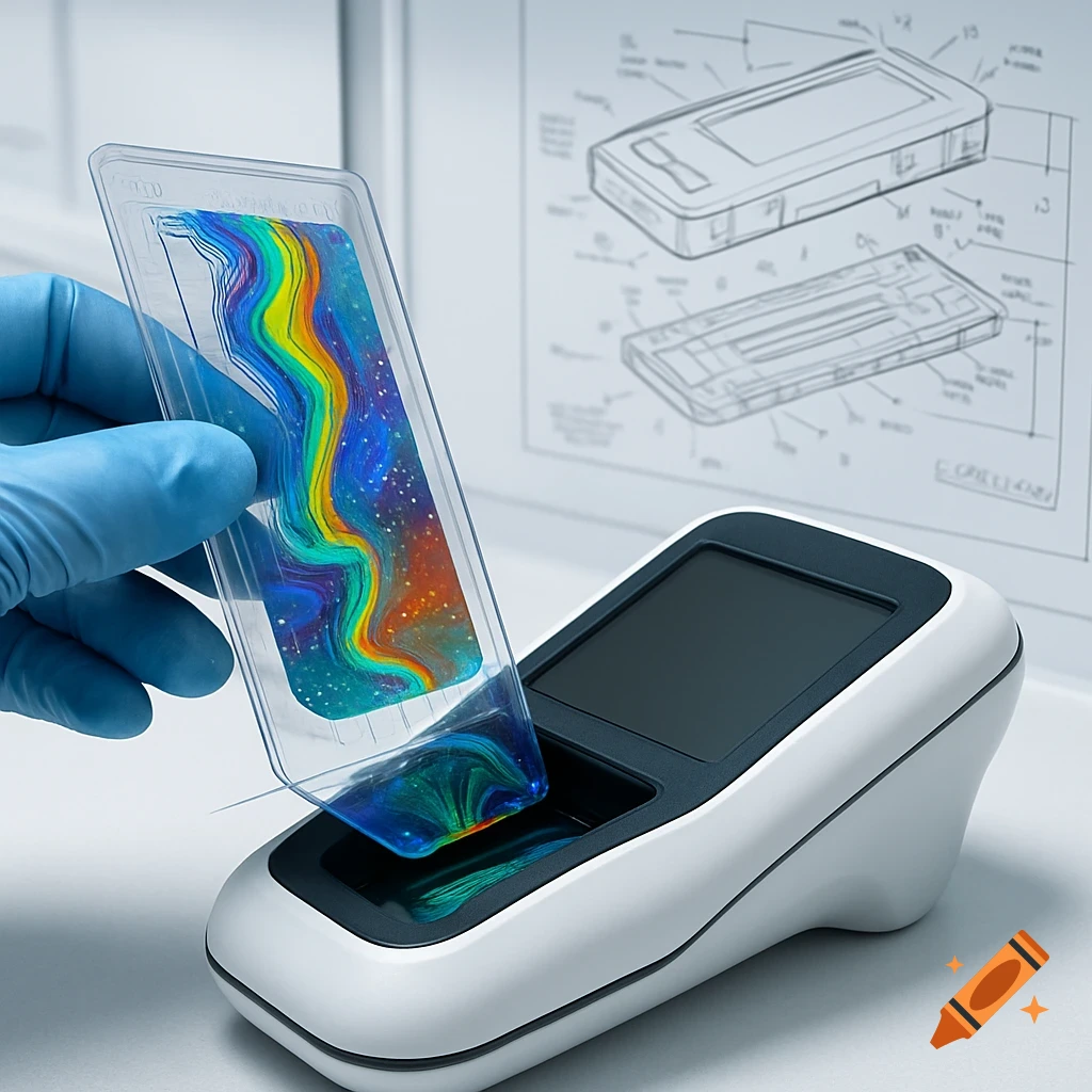 A gloved hand inserts a colorful microfluidic cartridge into a white point-of-care diagnostic device, with engineering blueprints in the background.