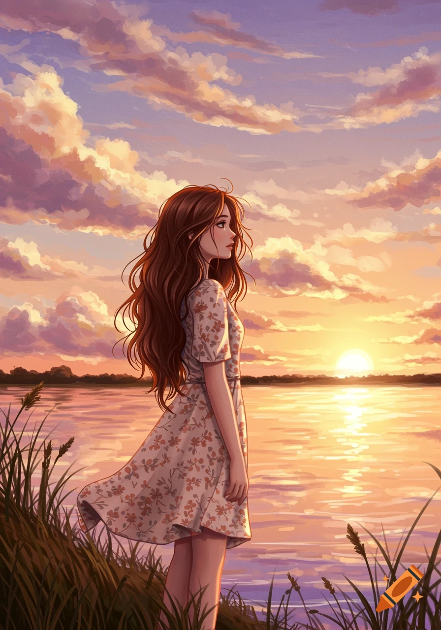 An anime illustration of a girl with long brown hair in a floral dress, standing by a lake at sunset with colorful clouds.