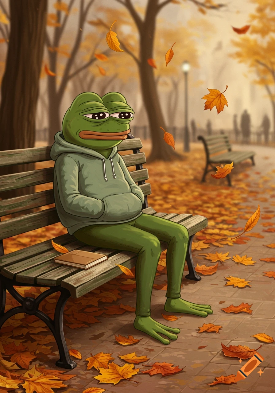 A cartoon of Pepe the frog, looking bored, sitting on a park bench surrounded by fallen autumn leaves.