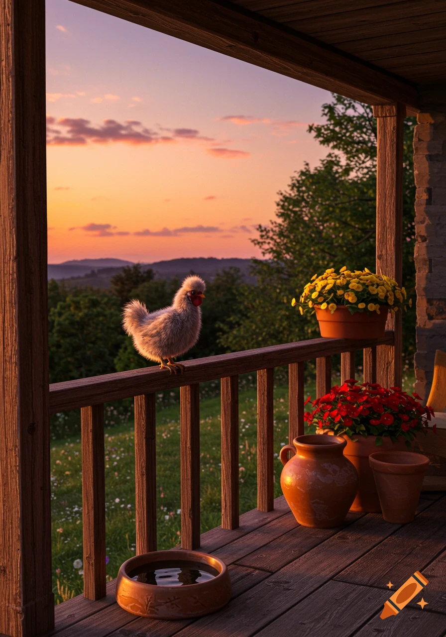 A fluffy Silkie chicken perches on a wooden porch railing, gazing at distant green trees under a warm sunset sky. Flower pots and a water bowl are nearby.