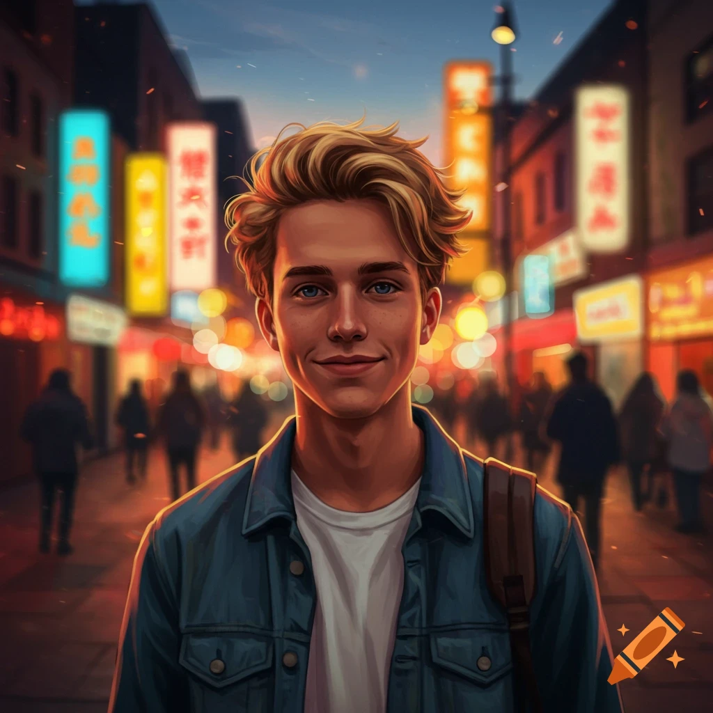 A smiling young man with blonde hair and blue eyes wears a denim jacket and white t-shirt, standing on a bustling city street at night with blurry neon signs.