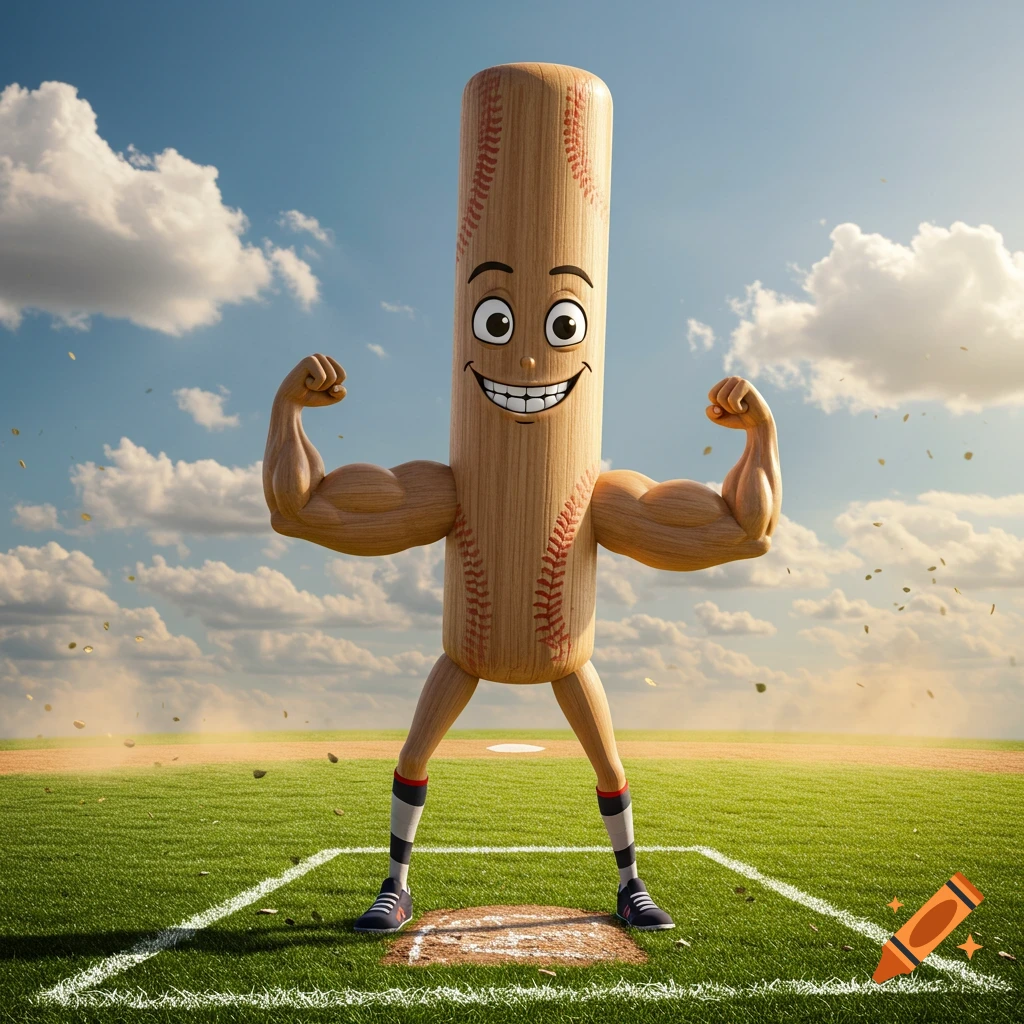 A cartoon baseball bat character with a face, arms, and legs flexes its biceps on a baseball field.