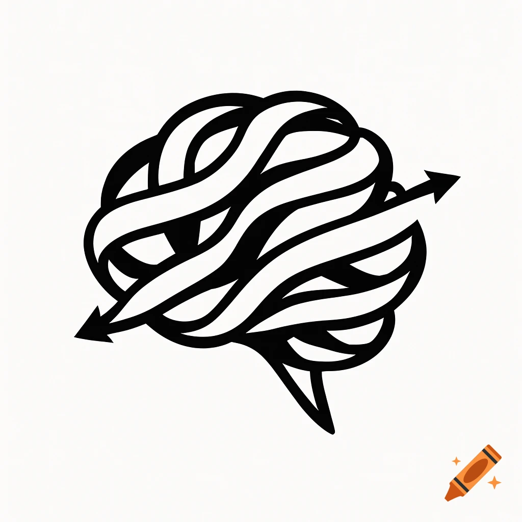 A black and white abstract logo of a brain made from swirling ribbons with arrows pointing out in opposite directions.